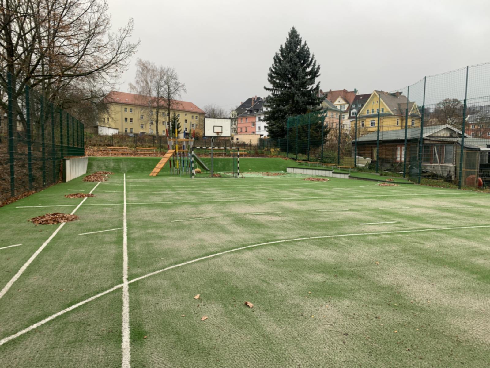 Blick über das gesamte Sportfeld mit Ballfangzaun, Toren und Basketballkorb
