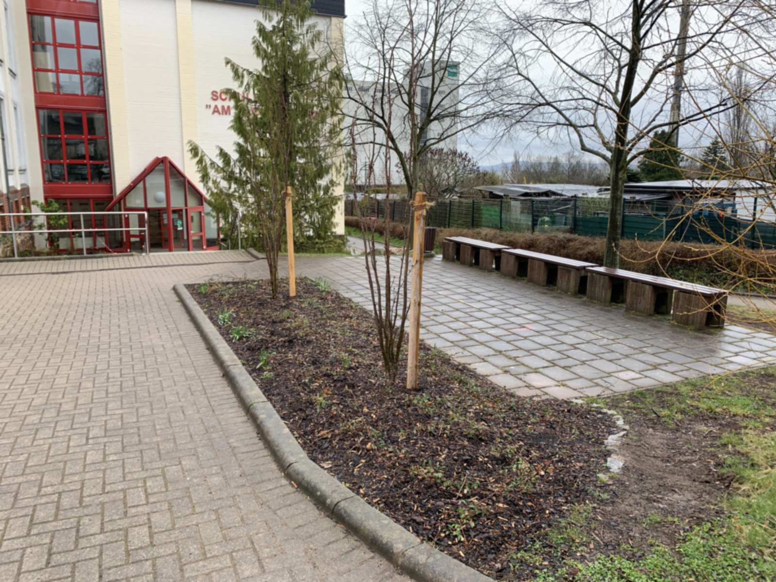 Eingangsbereich der Schule mit gepflastertem Vorplatz, neuem Pflanzbeet und Sitzbänken