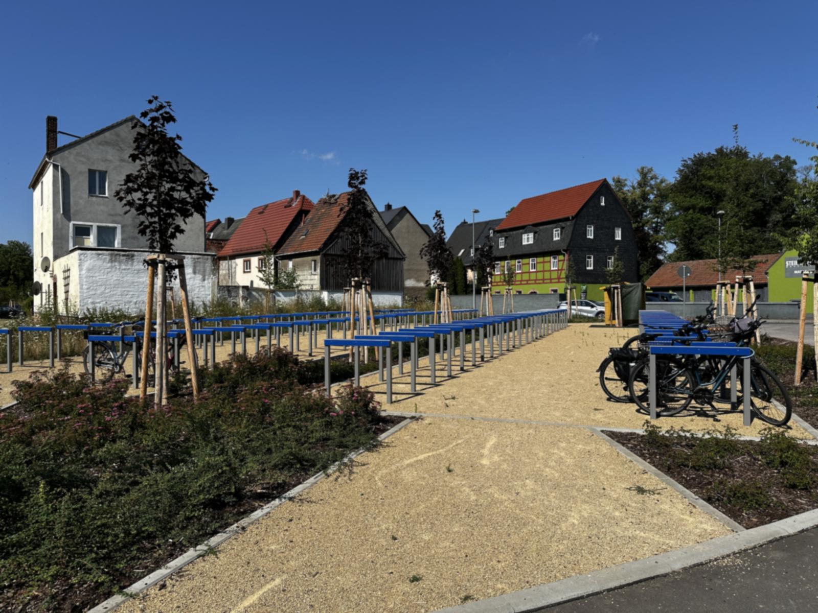 Reihen blauer Fahrradbügel auf wassergebundener Decke, dazwischen Pflanzbeete und frisch gepflanzte Bäume